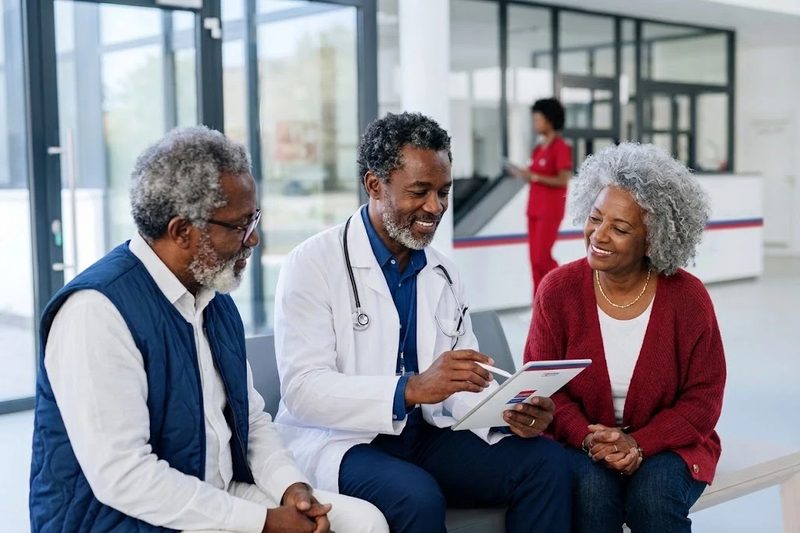A MooreLife doctor goes over a care plan on a tablet with an older couple