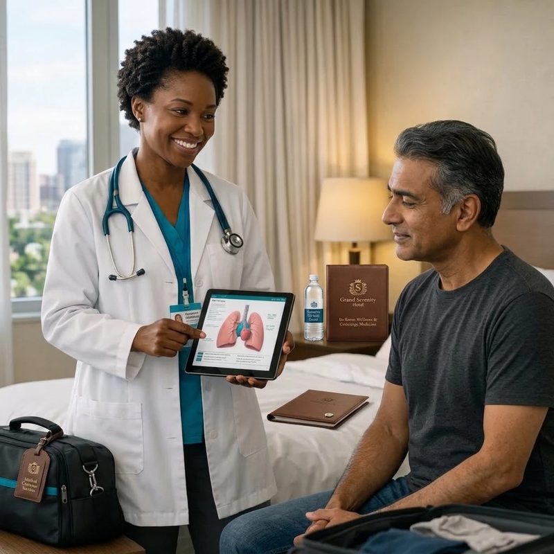 A MooreLife doctor shows a hotel guest his results on a tablet in his room