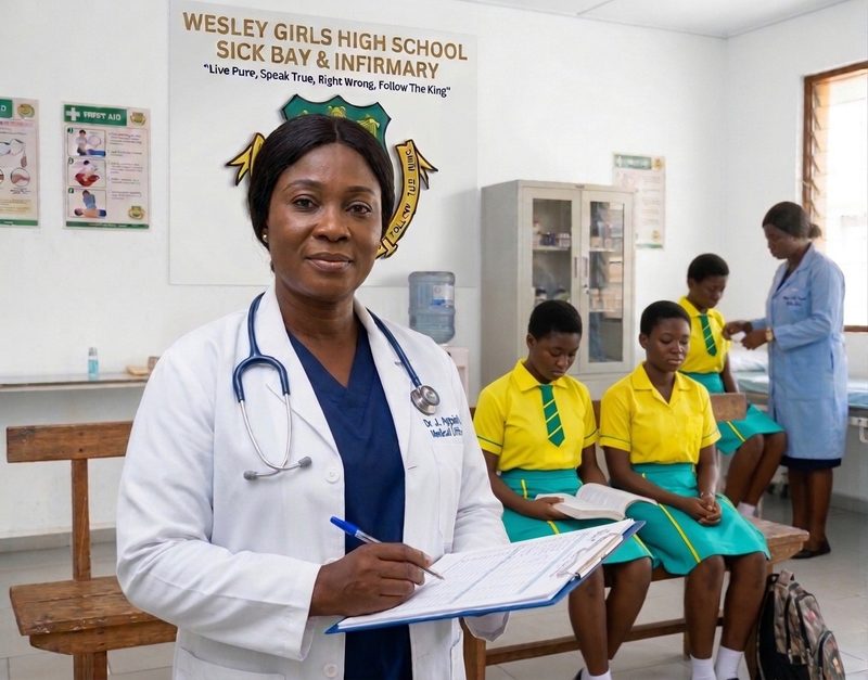 A MooreLife doctor with a clipboard in a school sick bay, as students in uniform wait to be seen